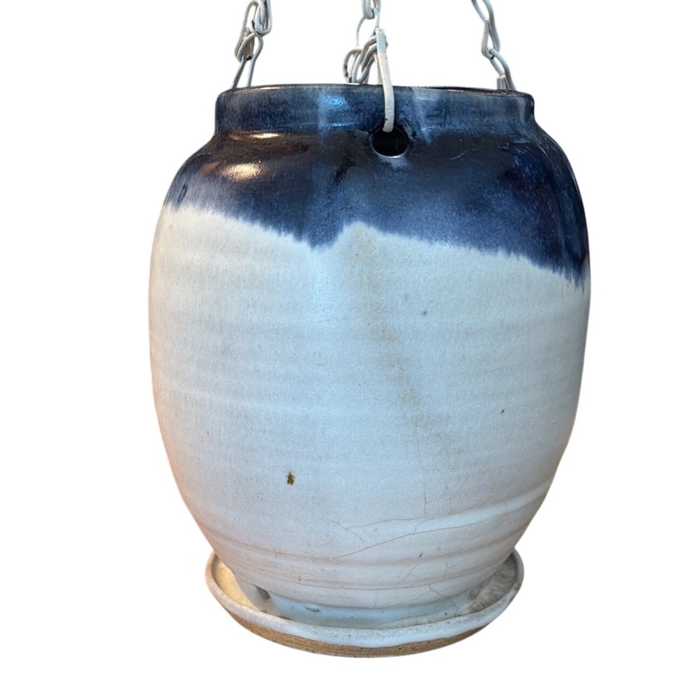 Allan Mangan Studio Pottery Hanging Planter Blue White‎ Signed